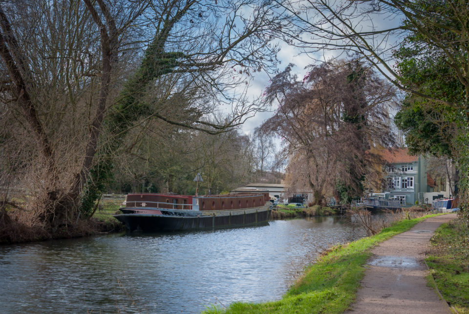 Barge moored on the River Stort at Parndon Mill