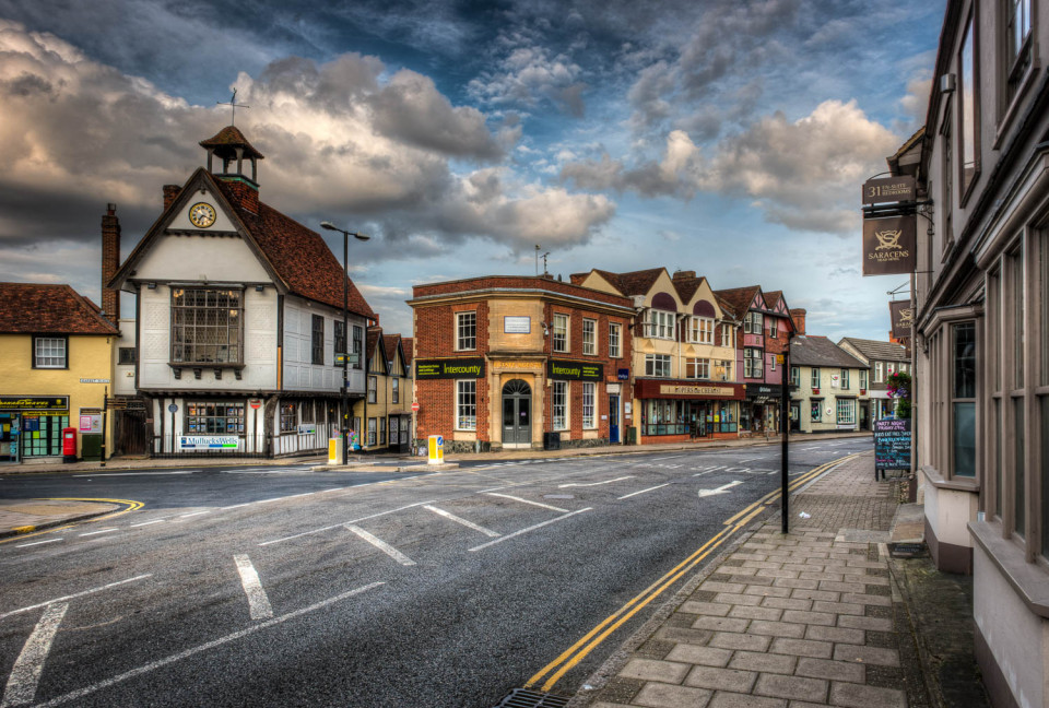 Dunmow High Street and the old Town Hall