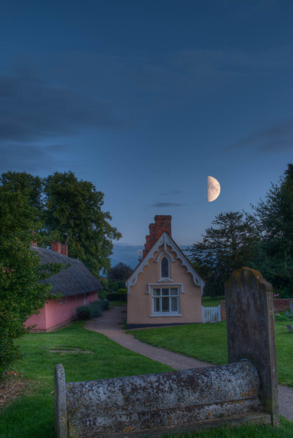 Almshouses and the moon at Thaxted