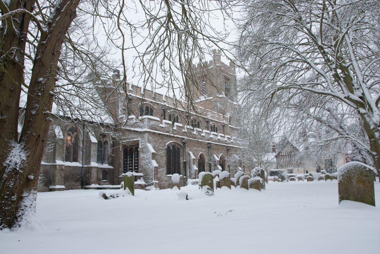 Dunmow Parish Church in the snow