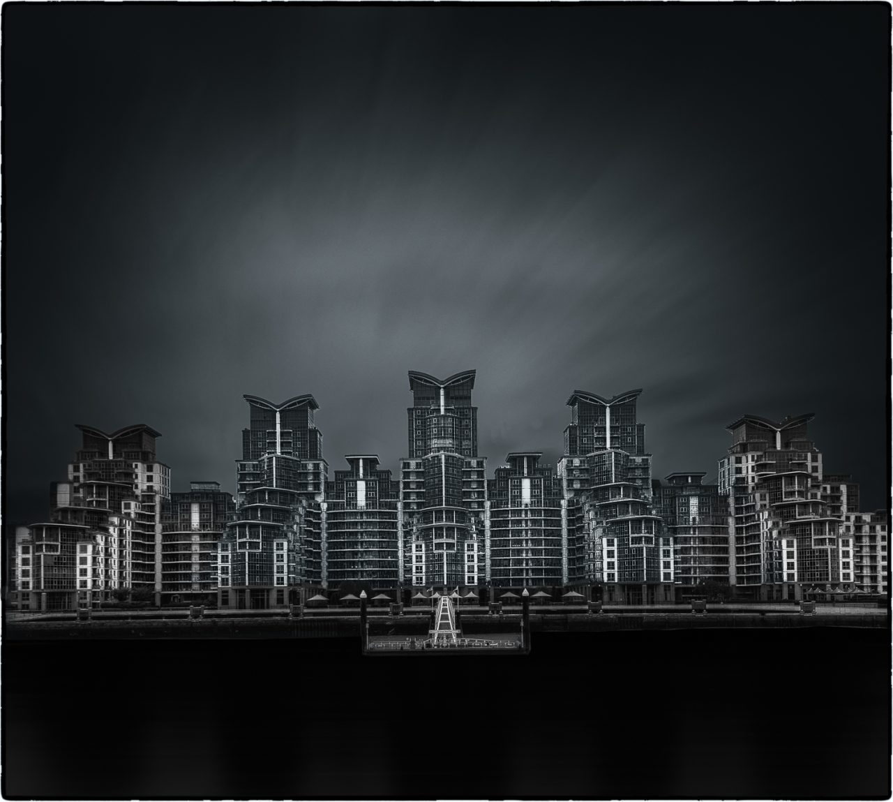 St Georges Wharf, black and white long exposure
