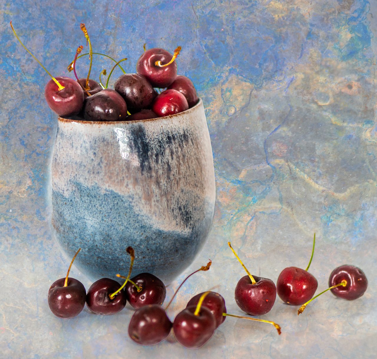 Cherries in a Blue Pot
